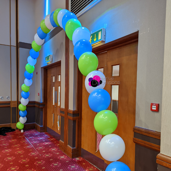 Blue, Green & White helium balloon arch