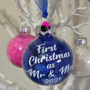 First Christmas as Mr & Mrs Bauble with dark blue feathers inside